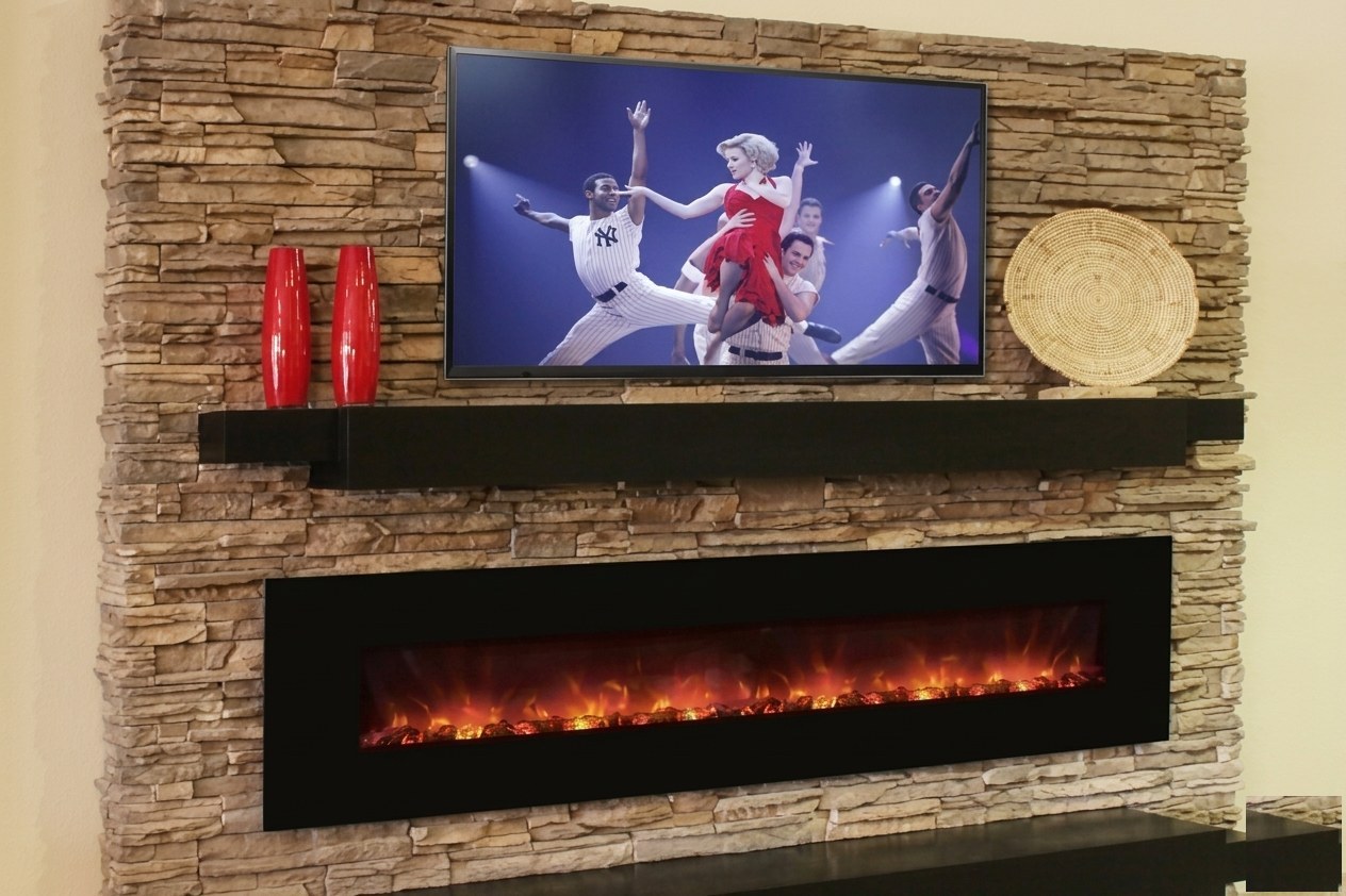 Dimplex electric fireplace in stacked stone media wall