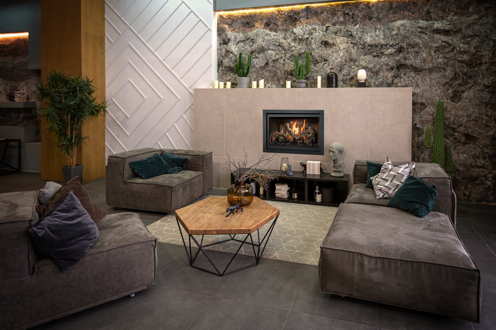 FPX wood stove in traditional cherry-paneled room