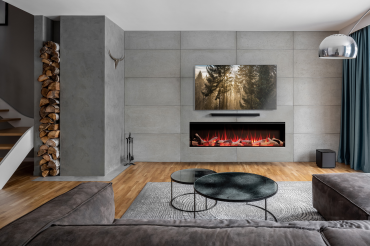 FPX linear electric fireplace with forest imagery